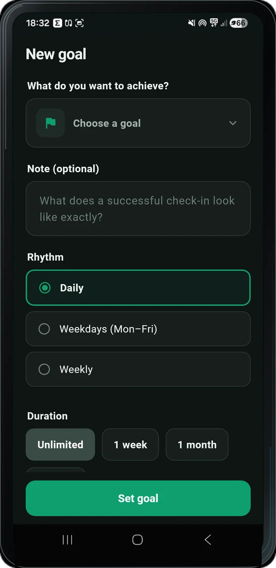 The “New goal” screen with goal selection, a note field, the rhythms Daily, Weekdays and Weekly, and the duration.