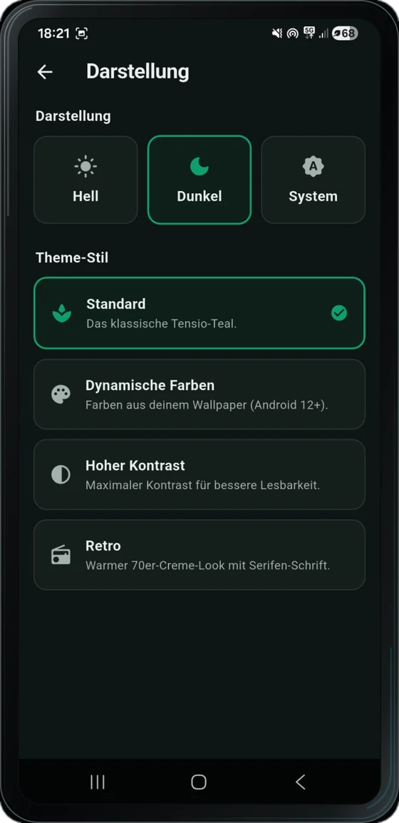 Der Bildschirm „Darstellung“ mit Hell, Dunkel und System sowie den Stilen Standard, Dynamische Farben, Hoher Kontrast und Retro.
